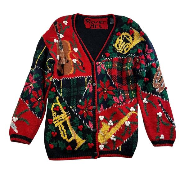 Vtg River Art S Small Cardigan Sweater Novelty Print Music Teacher Instruments - Picture 1 of 12